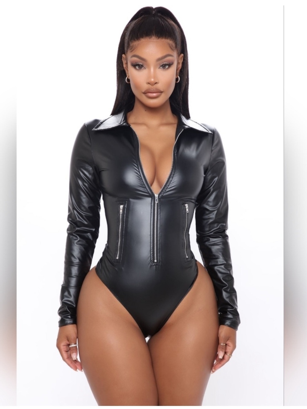 4/$25 NWT Fashion Nova Biker Baddie Zip Front Black Faux Leather Bodysuit XL
